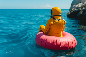 Wall Mural - An astronaut in a yellow spacesuit floating on a pink inflatable in the ocean. A surreal and whimsical futuristic adventure.