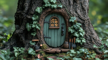 Poster - A whimsical miniature door painted light green, built into the base of a large tree trunk, surrounded by ivy and tiny tools,