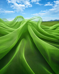 Poster - A close-up of a vivid green parachuteâ€™s fabric splayed out over sun-kissed grass, beneath a sky dotted with billowy clouds,