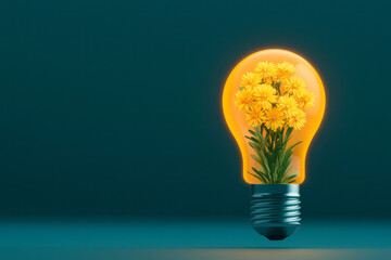 Poster - A conceptual image of a glowing light bulb filled with tiny blooming flowers, symbolizing creativity and eco-friendly innovation,