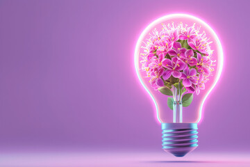 Poster - A conceptual image of a glowing light bulb filled with tiny blooming flowers, symbolizing creativity and eco-friendly innovation,