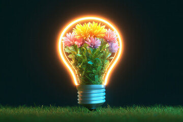 Poster - A conceptual image of a glowing light bulb filled with tiny blooming flowers, symbolizing creativity and eco-friendly innovation,