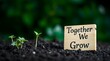 © Danish - High-resolution stock photo A small wooden sign reading Together We Grow in black ink rests on dark soil, right-aligned.  Green seedlings sprout left.