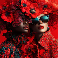 Wall Mural - two models with sunglasses in a advertisement held in red for a campain of a new fashion brand