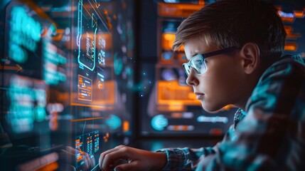 Fototapete - Young coder developing source code on an advanced computer interface
