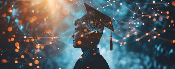 Leinwandbilder - Network graphic surrounds a young man in a graduation cap