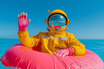 Wall Mural - A space traveler in a yellow suit floating in the ocean, waving through a futuristic helmet. A dreamy blend of space and sea exploration.