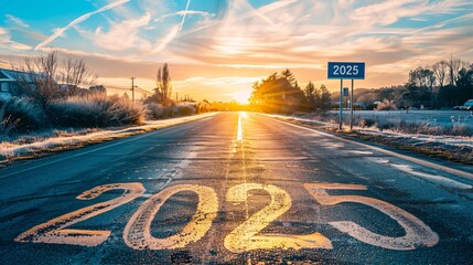 Poster - Empty country road at sunrise leading to a bright future in 2025