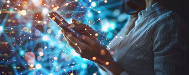 Aufkleber - Businesswoman using a smartphone with global network and data connections technology
