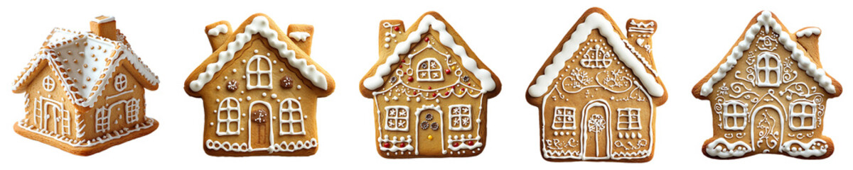 Set, Collection of gingerbread house shaped cookie Isolated on Transparent Background PNG.