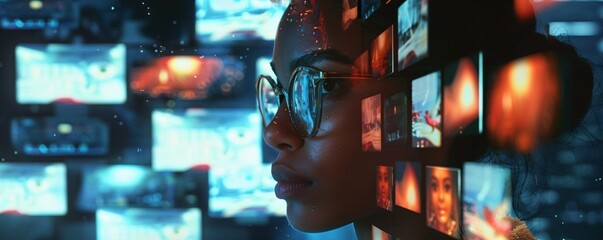 Leinwandbilder - Young woman wearing glasses is surrounded by images and videos