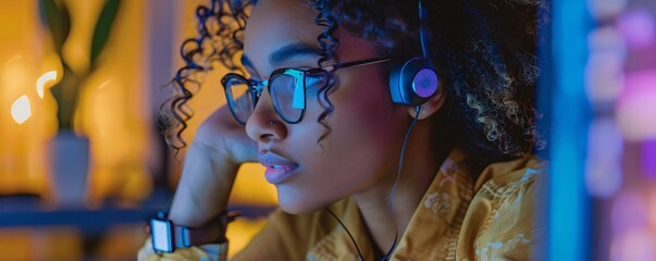 Fototapete - Young female developer is concentrating while working late at night in her home office