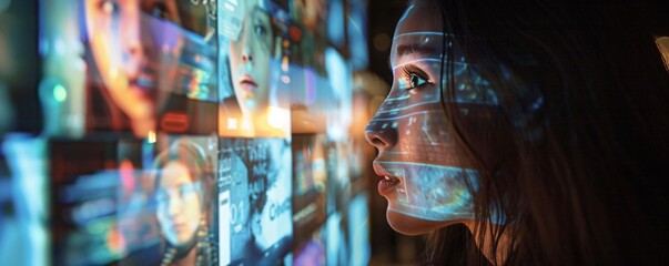 Leinwandbilder - Young lady gazes at a digital screen as images and data are reflected on her face