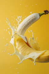 Fototapete - Ripe banana being dipped in a thick yellow liquid, causing a splatter against a yellow backdrop