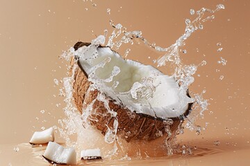 Fototapete - Fresh coconut splashes in water with a beige background