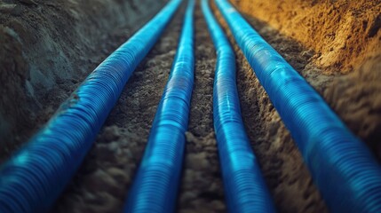 Multiple blue fiber optic cables are laid in a trench, representing high-speed internet infrastructure and the future of digital connectivity and communication technology