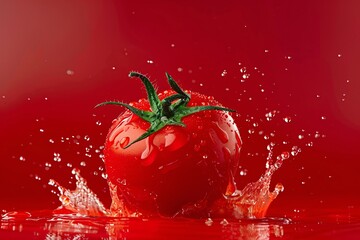 Poster - Vibrant red tomato is dropping into water against a ripe red backdrop