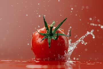 Poster - Vibrant red tomato plunges into water against a crimson backdrop