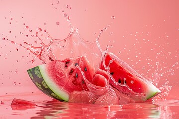 Poster - Refreshing red watermelon slices making a splash on a pink background