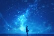 © Ameli Studio - silhouette woman beneath luminous starry night sky on calm reflective waterfront feeling tranquil copyspace concept astronomy mental health cosmic