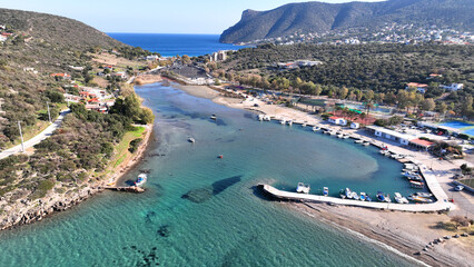 Wall Mural - Aerial drone photo of clear water sandy beach in Avlaki, Porto Rafti, Mesogeia, Attica, Greece