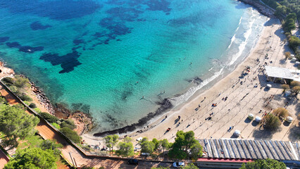 Wall Mural - Aerial drone photo of clear water sandy beach in Avlaki, Porto Rafti, Mesogeia, Attica, Greece