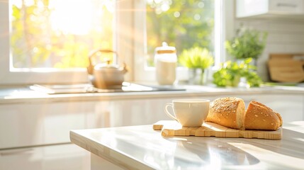 Poster - Morning sunlight streaming on a kitchen counter with a cup of coffee and bread
