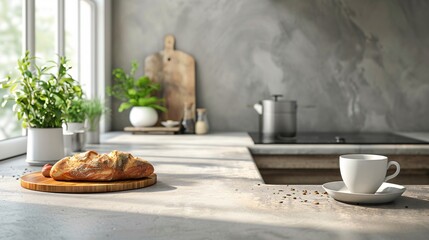 Poster - Modern kitchen counter in morning light with coffee cup, bread and plants