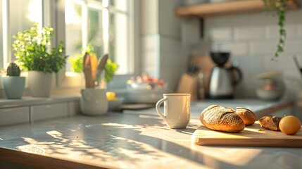 Poster - Sunlight illuminating a kitchen counter with a white mug and fresh bread on a wooden cutting board