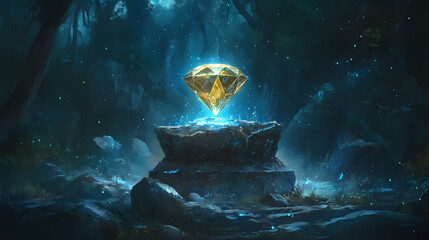 Wall Mural - A large, golden diamond sits atop a stone pedestal surrounded by dark rocks and forest. blue light emanates from its base, illuminating the scene. Diamond Path. Illustration