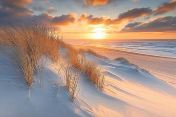 Poster - Golden sunset paints the sky over tranquil beach dunes, seagrass swaying gently in the warm light.