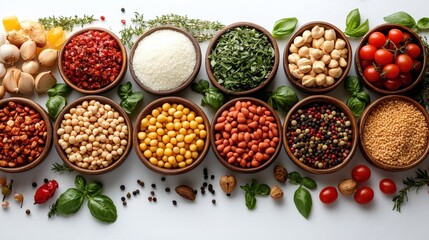 Canvas Print - Colorful assortment of spices and legumes arranged in bowls on a white background, ideal for culinary use