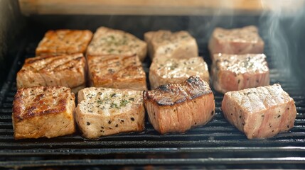 Grilled meat cooking on a barbecue during a summer gathering with smoke wafting in the air