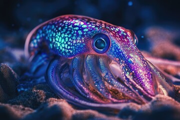 A mesmerizing iridescent squid rests on the ocean floor, its vibrant colors and textures captivating.