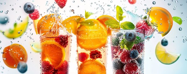 Fototapete - Enjoy three refreshing summer cocktails with raspberries, blueberries, and citrus slices