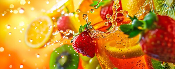 Poster - Fruit cocktail with fresh fruits and orange slices splashing on a sunny yellow background