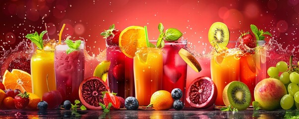 Poster - Variety of fresh fruit smoothies and juices are lined up on a bar top with fruit slices as garnish