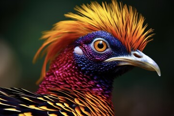 Majestic Golden Pheasant. Beautiful abstract art background showcasing the ornamental beauty of wildlife with a touch of purple and gold