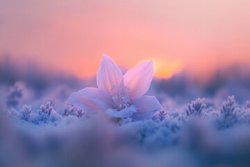 Wall Mural - A single, frost-covered flower blooms at sunset, bathed in soft pink and purple light.