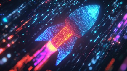 Binary code forming a colourful rocket shape flying through cyberspace, representing a startup launch or new business venture in the digital world