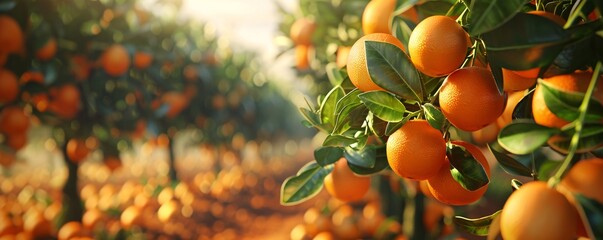 Poster - Sunset over an orchard of orange trees bearing fruit