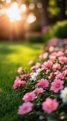 Wall Mural - Blooming pink flowers lushly decorate a garden at sunset near tall trees