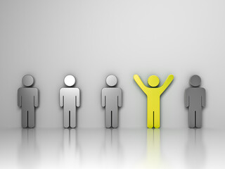 Fototapete - Stand out from the crowd and different creative idea concepts One gold man standing with arms wide open among silver people on grey background with reflections and shadows 3D rendering