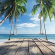 © Yiannos - Wooden floor on tropical beach with palm trees and swing. Vacation concept