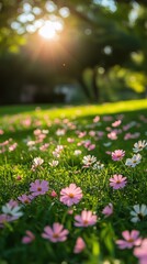 Wall Mural - Bright morning sunlight illuminates colorful flowers blooming in a lush green garden