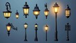© Orxan - A collection of 3D realistic vector icons displaying outdoor garden wall lamps in diverse styles, including old-fashioned metal streetlights powered by electricity