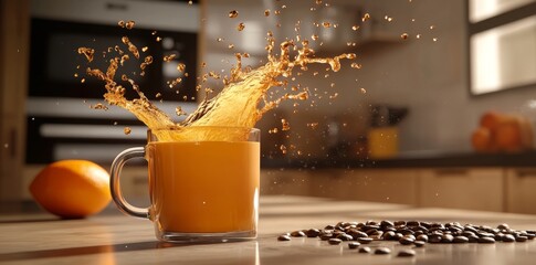 Scattered coffee beans and an orange on a kitchen counter are splashed by coffee spilling from a cup