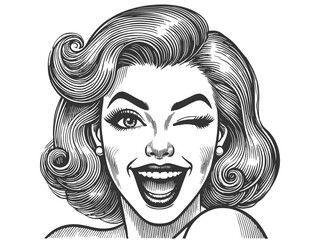 Wall Mural - woman winking engraving sketch vector illustration
