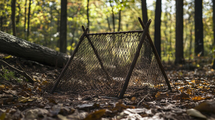 photo of a small net trap and cage trap set up in the woods or forest, designed for wildlife or surv