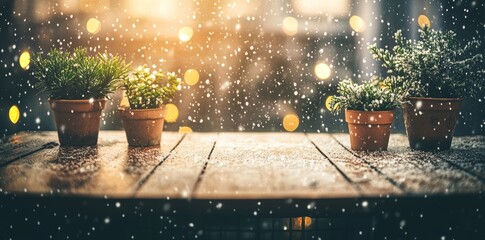 Canvas Print - Outside a snug window adorned with festive lights and potted plants, snow falls on a winter morning